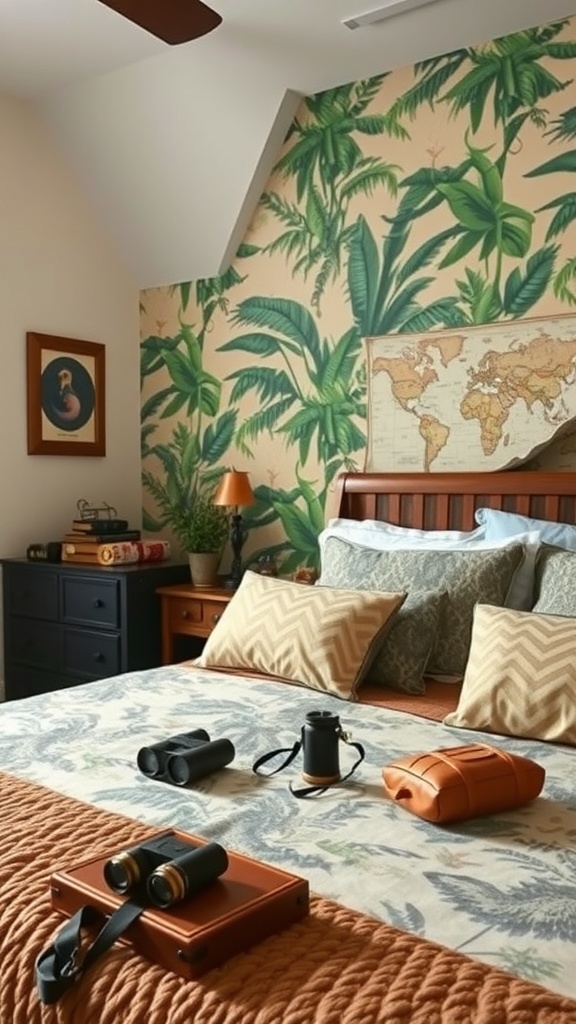 A jungle-themed bedroom with vintage explorer accessories, featuring binoculars, a camera, and a world map.