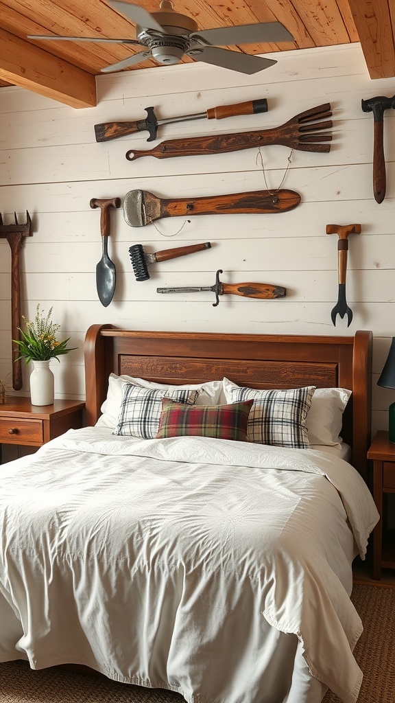 A farmhouse bedroom featuring vintage farm tools arranged on the wall above a bed
