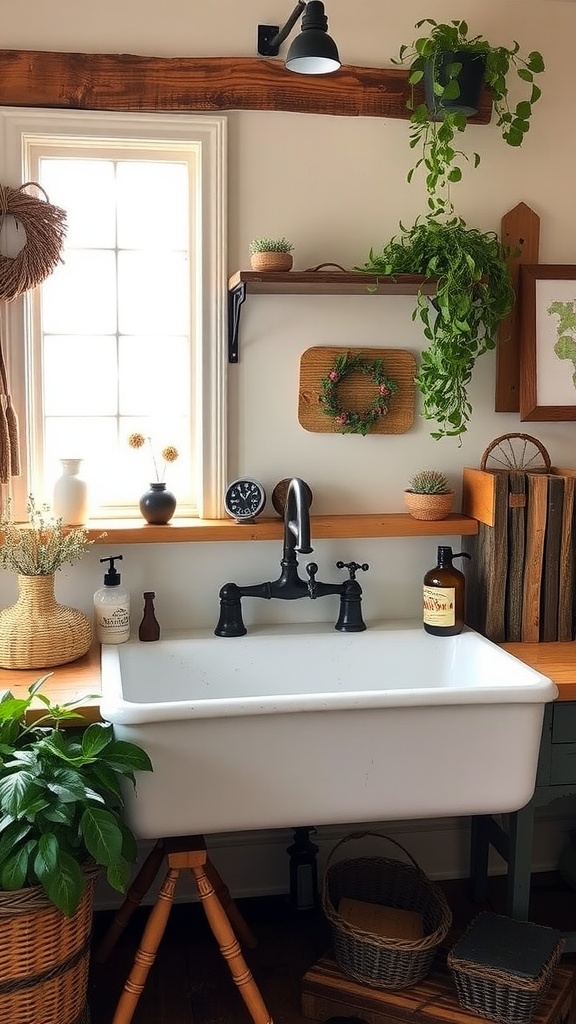 A vintage farmhouse sink with dark faucet, surrounded by plants and wooden shelves in a rustic bathroom.