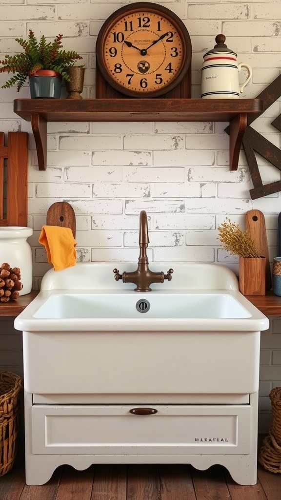 Vintage farmhouse sink with wooden shelf, clock, and rustic decor