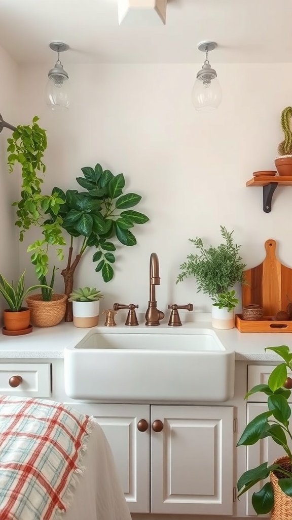A vintage farmhouse sink with a white porcelain finish, bronze faucet, and surrounded by green plants in pots.