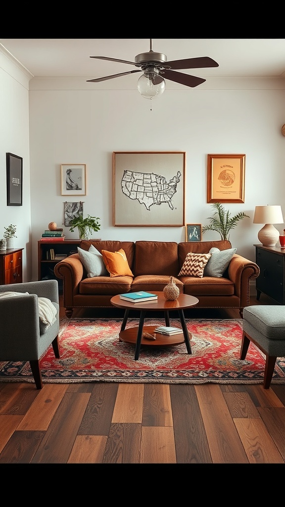 Cozy living room with a brown couch, vintage art, and plants