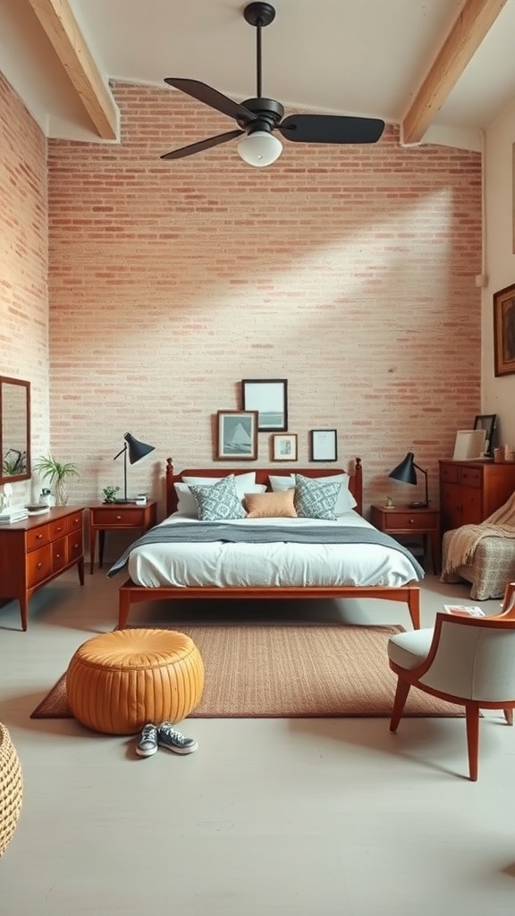 A loft-style bedroom featuring a vintage wooden bed, modern chair, and exposed brick wall.