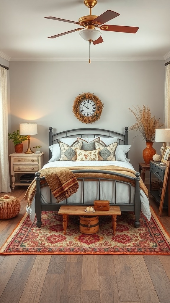 A cozy bedroom featuring vintage decor with a bed, antique clock, and warm accessories.