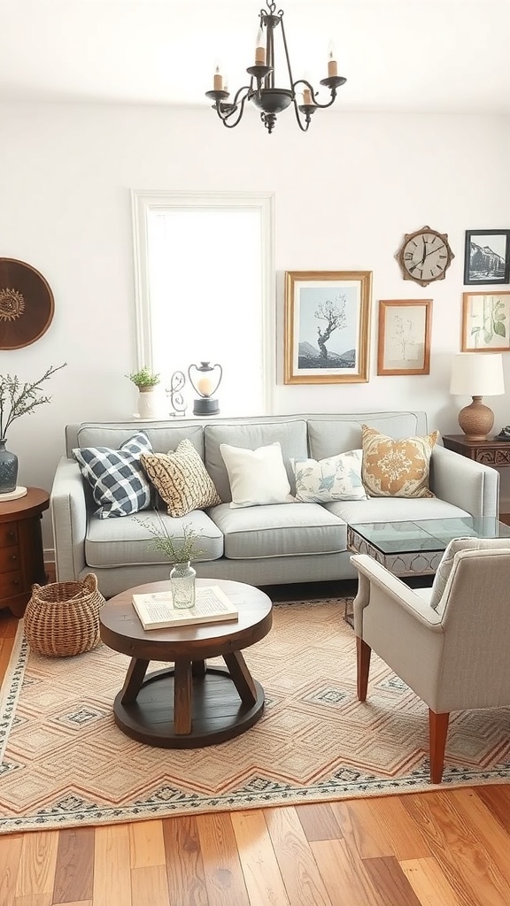 A cozy living room featuring a light gray couch, vintage decor, and a round wooden coffee table.