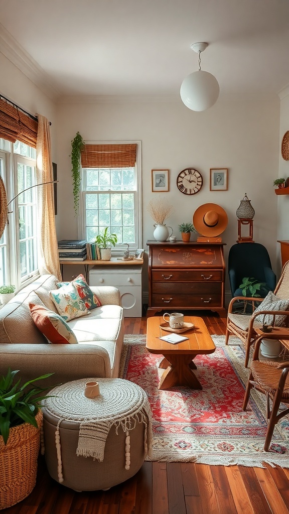 A cozy boho living room with vintage furniture, colorful cushions, and plants.