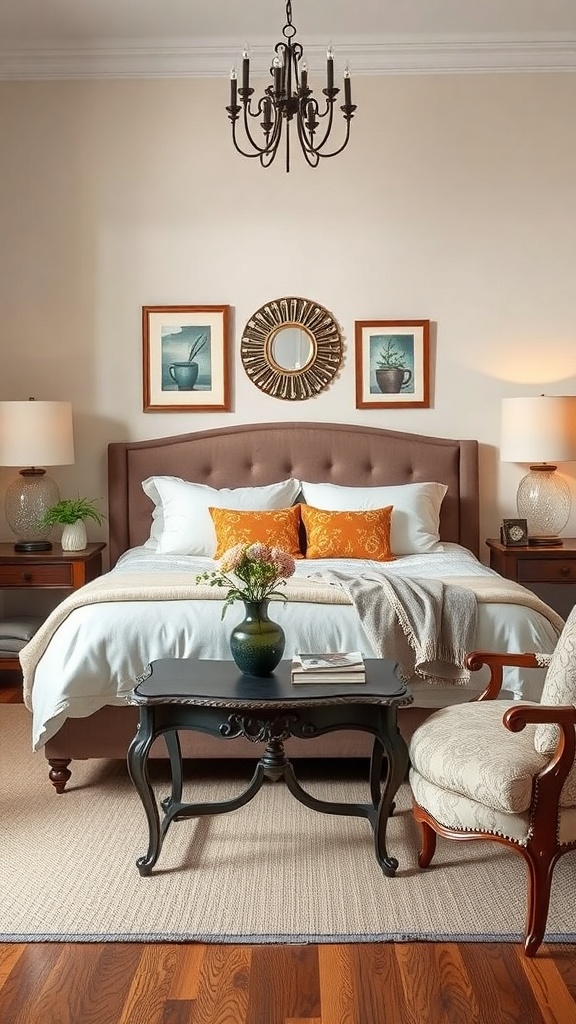A vintage-inspired living room with a cozy bed, decorative accents, and warm colors.
