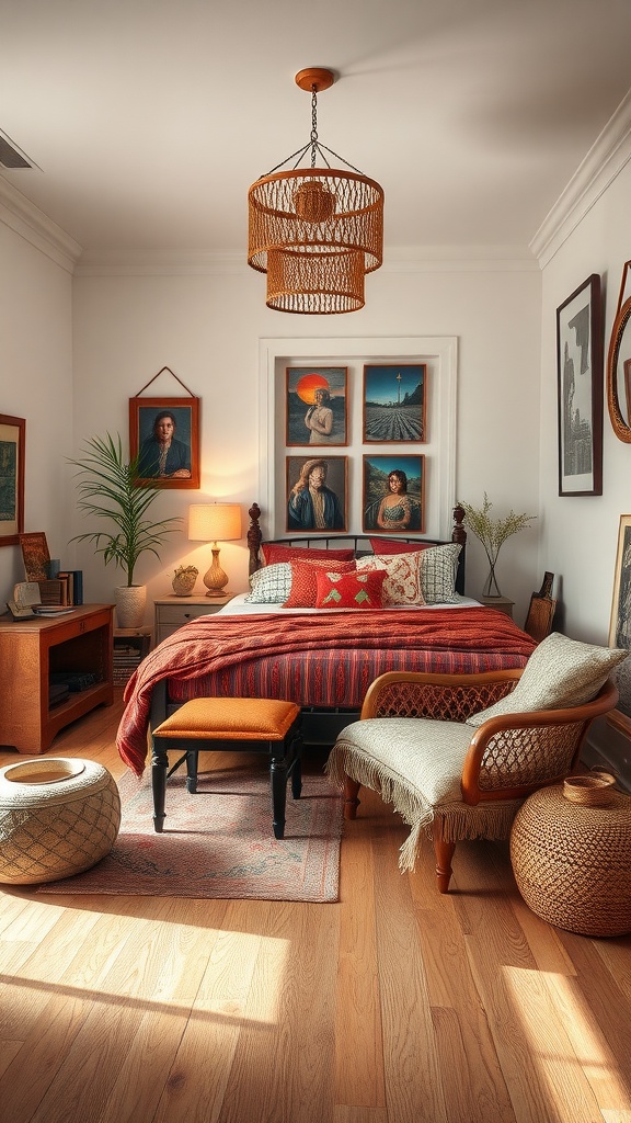 A cozy boho bedroom featuring vintage decor, warm bedding, and eclectic artwork.