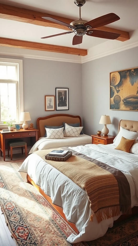 A cozy bedroom featuring vintage elements like wooden furniture, a vintage rug, and warm colors.
