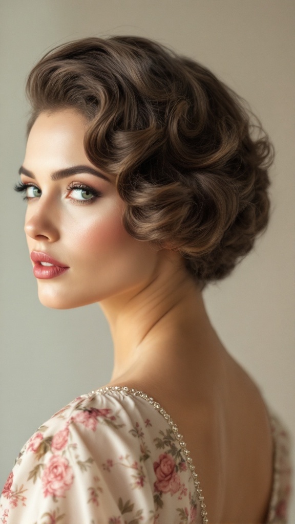 A woman with vintage finger waves hairstyle, showcasing elegant short curls and a floral dress.