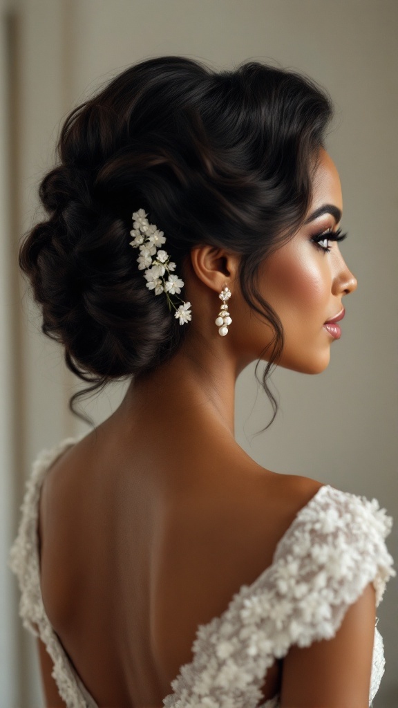 A bridesmaid with vintage finger waves hairstyle, adorned with small white flowers, showcasing a classic and elegant look.