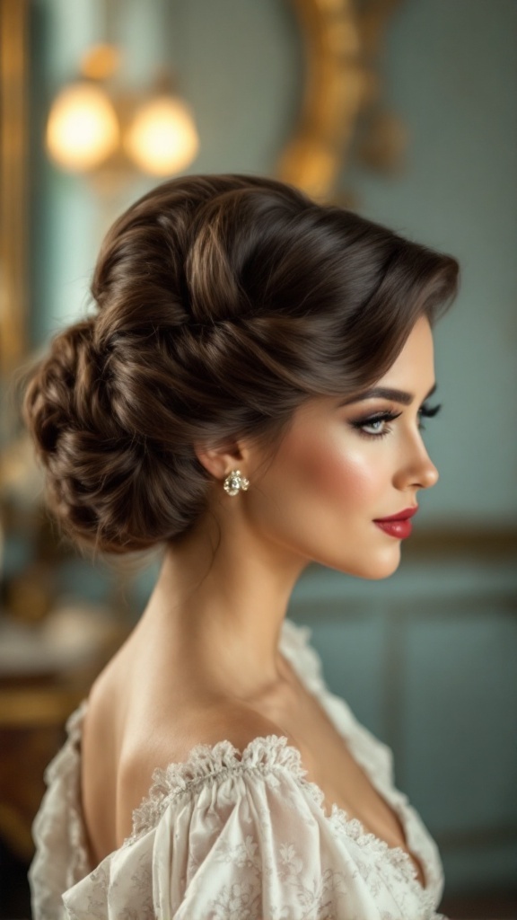 A woman with a vintage finger waves updo hairstyle, showcasing smooth waves and elegant styling.