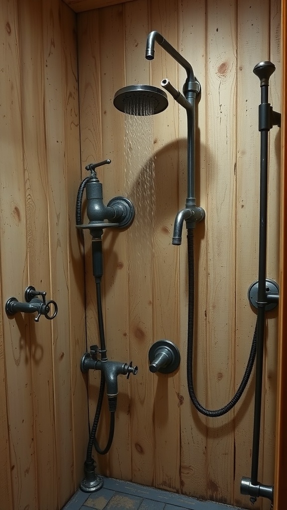 A rustic walk-in shower featuring vintage fixtures and wooden walls.
