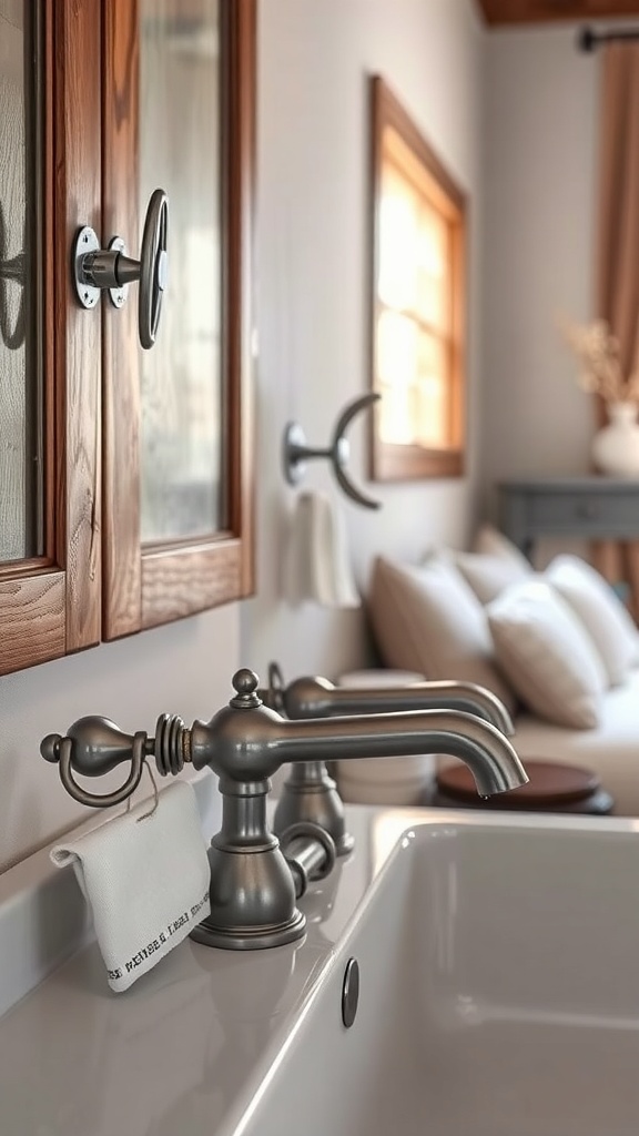 A rustic bathroom with vintage fixtures and wooden cabinets.