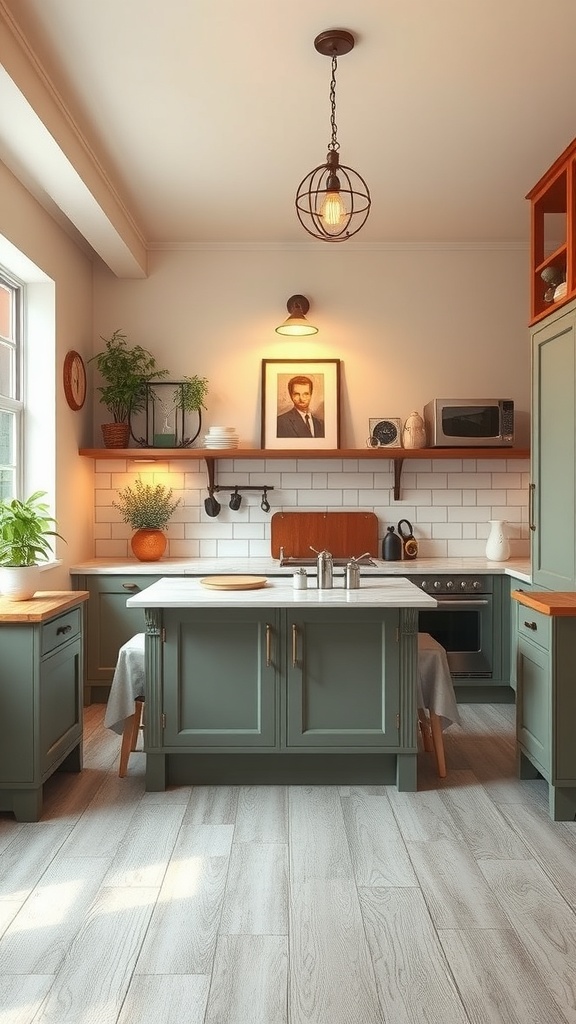 A vintage-style kitchen with green cabinets, wooden accents, and retro lighting fixtures.