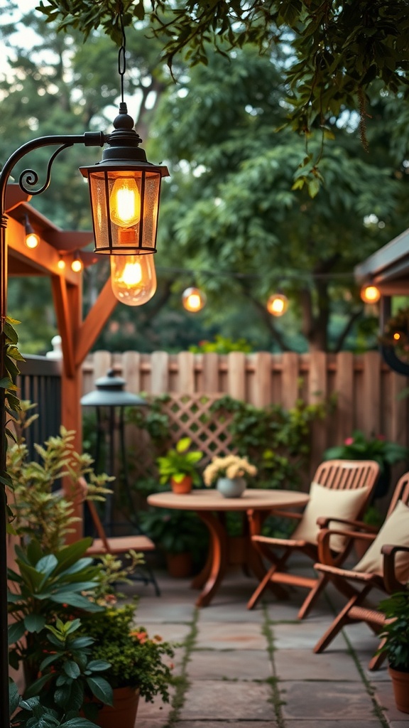 A beautifully lit backyard featuring a vintage lantern and string lights, surrounded by plants and wooden furniture.