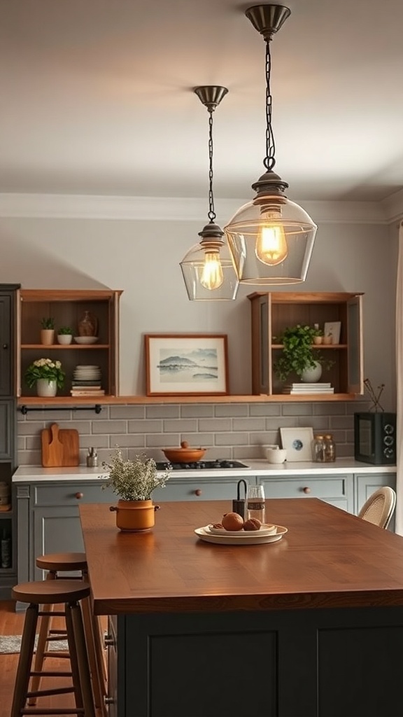 A kitchen island with vintage glass pendant lights hanging above, showcasing a warm and inviting atmosphere.