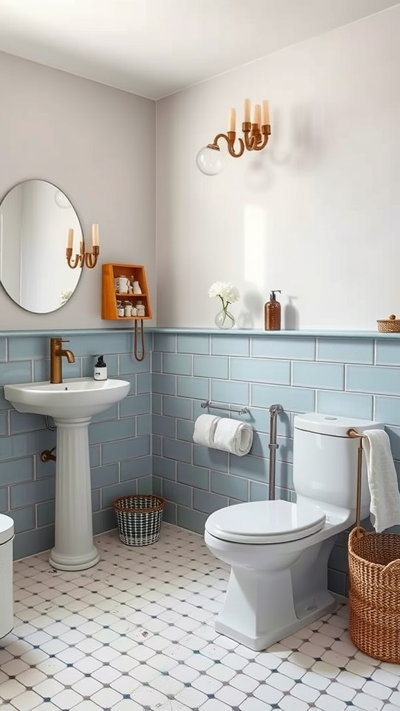 A stylish bathroom featuring vintage fixtures, soft blue tiles, and warm brass accents.