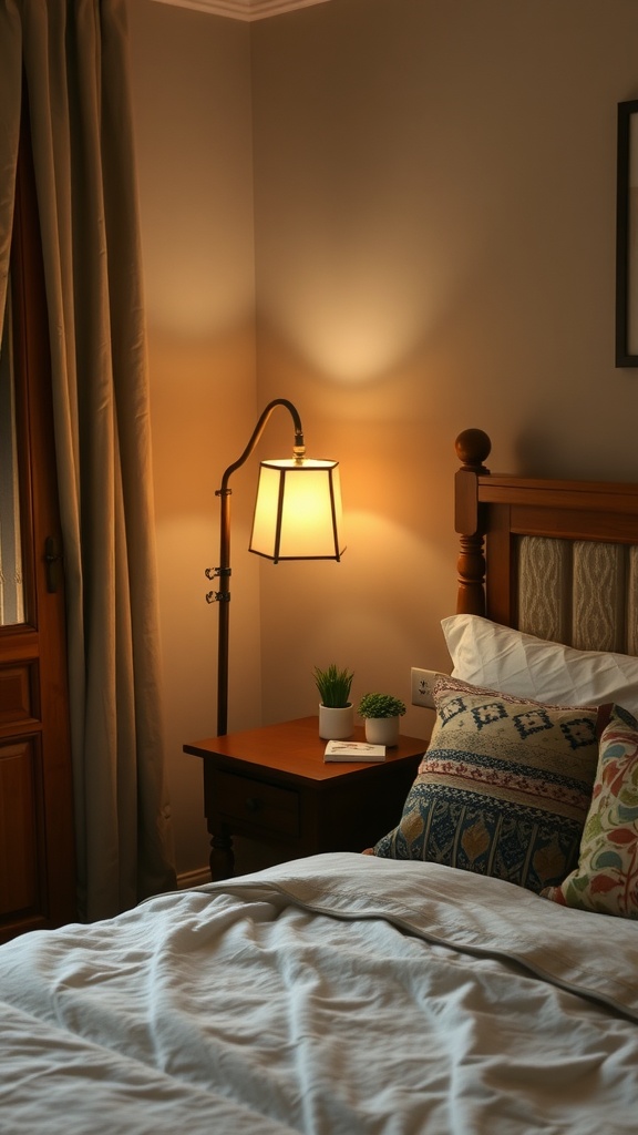 A cozy bedroom featuring a vintage floor lamp, wooden bedside table, and decorative pillows.