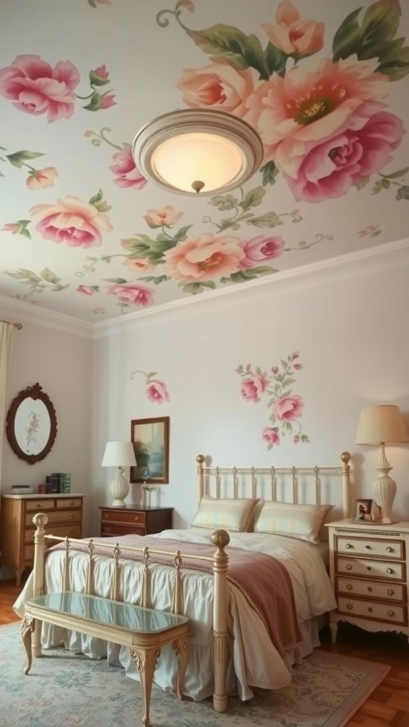 A cozy bedroom with a painted ceiling featuring vintage floral designs, showcasing pink roses and green leaves.