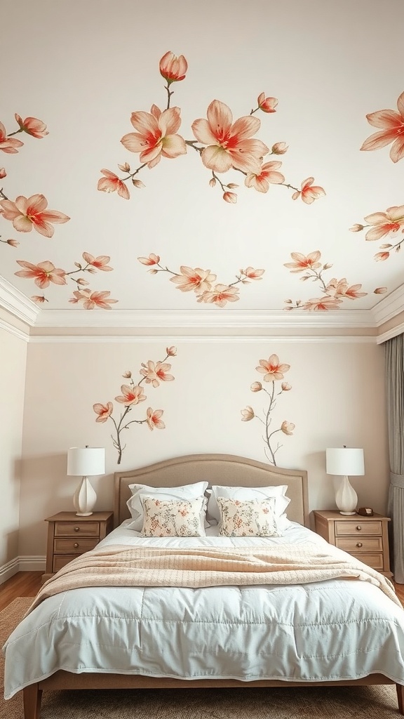 A cozy bedroom with a vintage floral ceiling design featuring peach-colored flowers, complemented by matching decor.