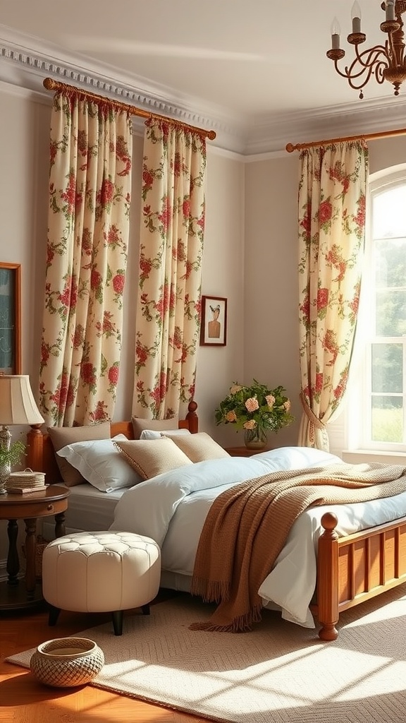A cozy bedroom with vintage floral drapes, a wooden bed, and soft lighting.