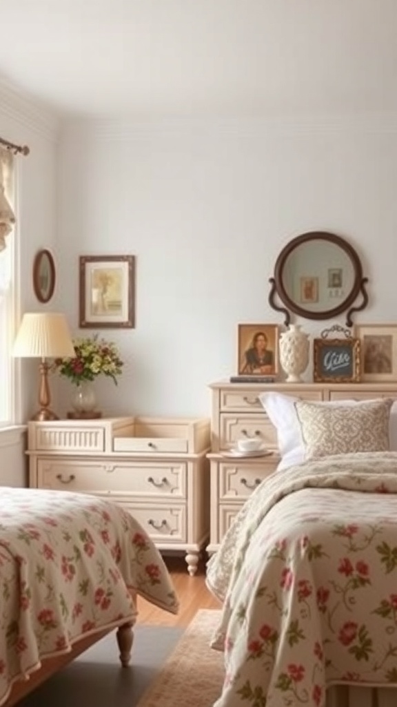 A cozy bedroom with vintage floral furniture, featuring two beds with floral quilts and a wooden dresser.