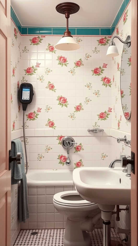 A small bathroom with vintage floral tile patterns featuring roses, a bathtub, and classic fixtures.