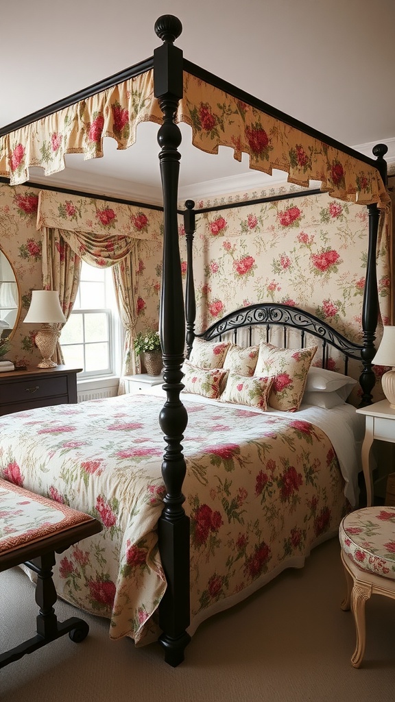 A vintage-inspired four-poster bedroom with floral patterns on the walls and bedding.