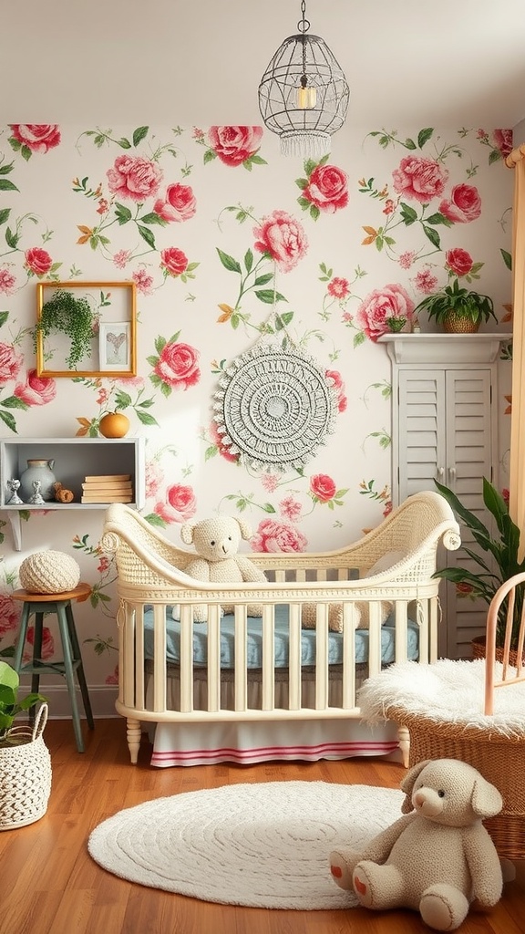 A cozy vintage nursery featuring floral wallpaper with pink roses, a wooden crib, and soft decor elements.