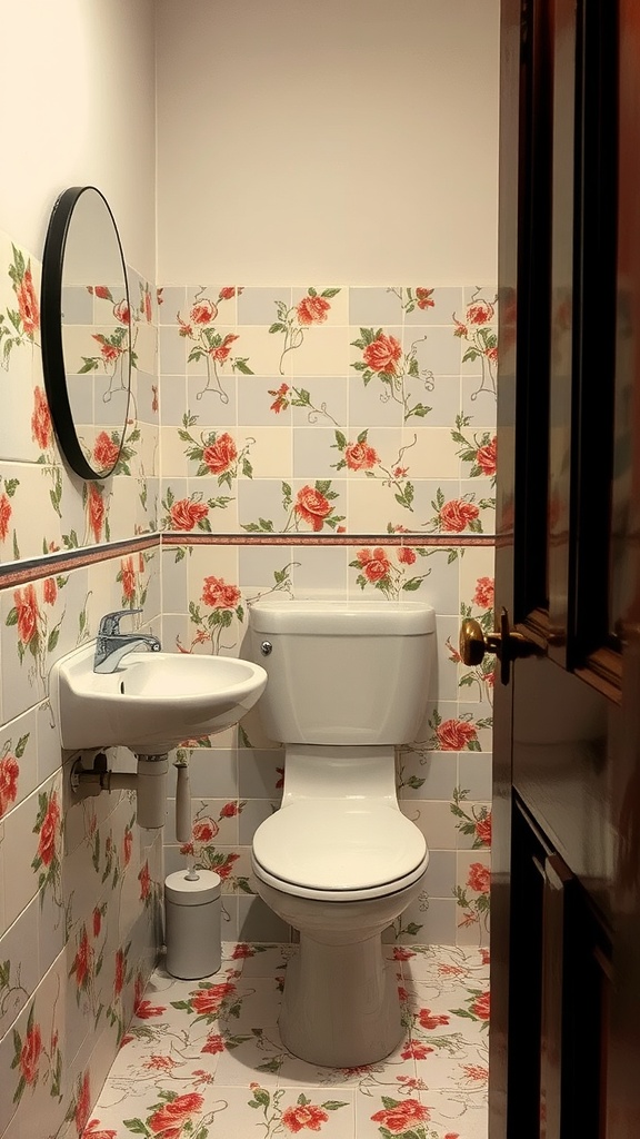 A small bathroom with vintage floral patterned tiles featuring roses in soft hues on the walls and floor.