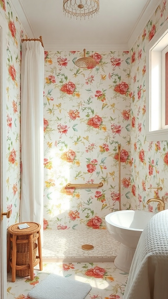 A vintage floral patterned shower with a white bathtub and gold fixtures.