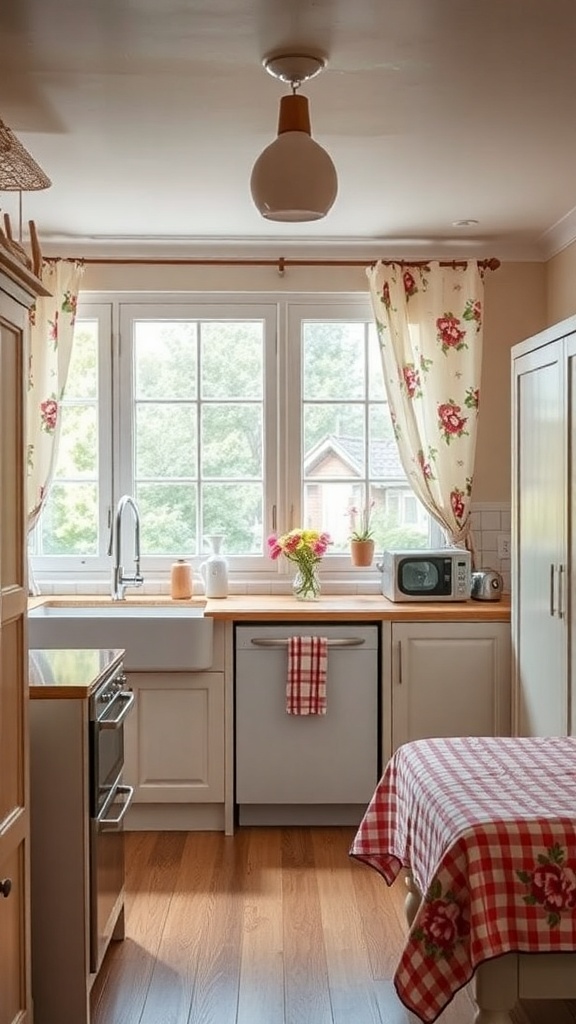 A cozy kitchen with vintage floral print curtains, wooden elements, and a cheerful atmosphere.