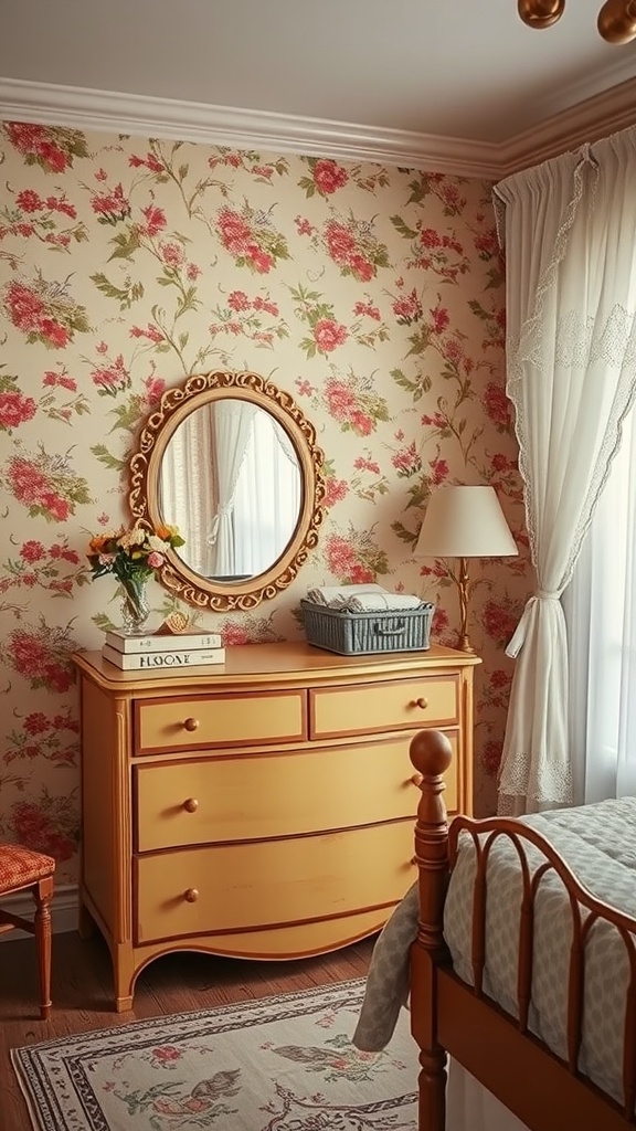 A cozy bedroom featuring vintage floral wallpaper, a yellow dresser, and a wooden bed.