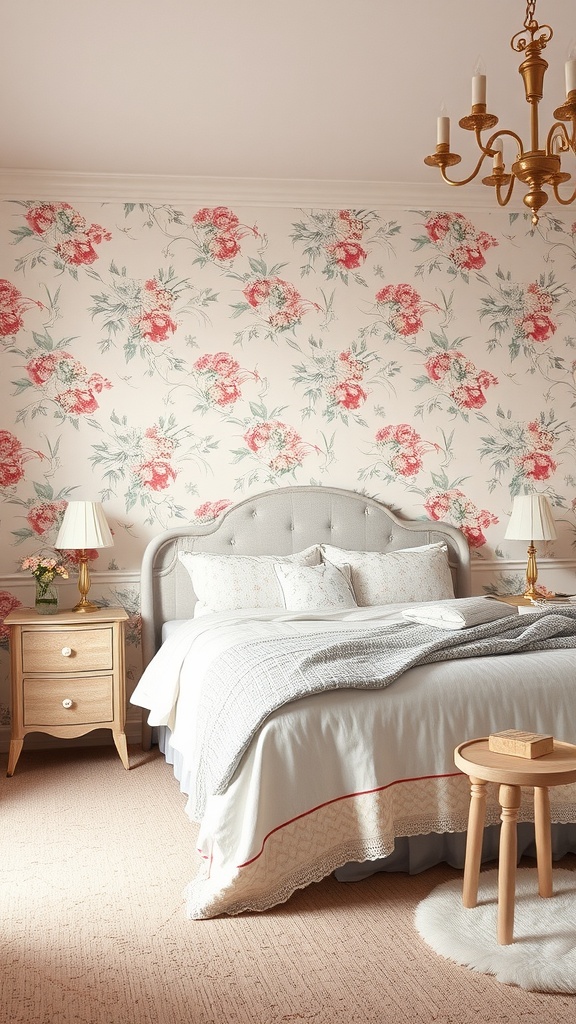A bedroom featuring vintage floral wallpaper with pink and green flowers, a plush bed, and wooden furniture.