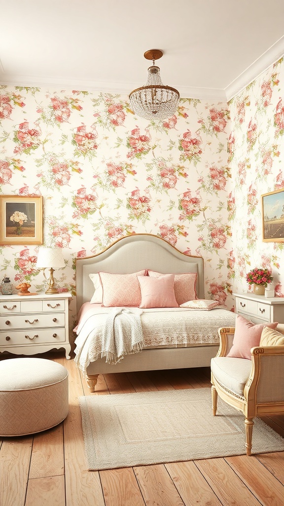 A cozy bedroom featuring vintage floral wallpaper with pink and red flowers, a light-colored bed, and soft furnishings.