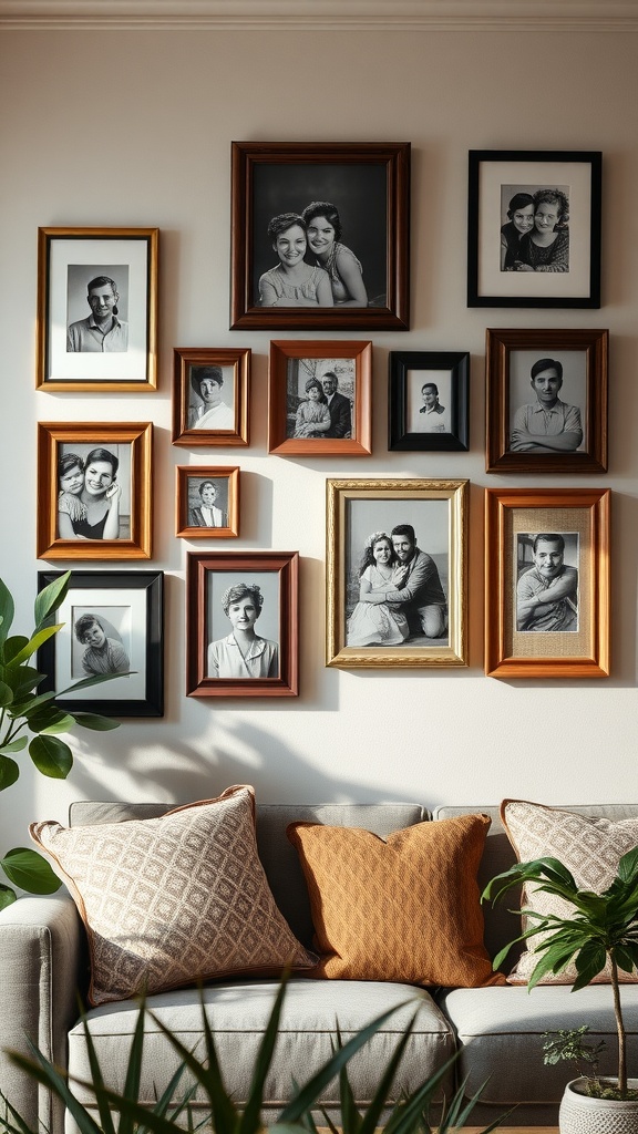 A vintage frame collection displaying black-and-white family photos on a wall.