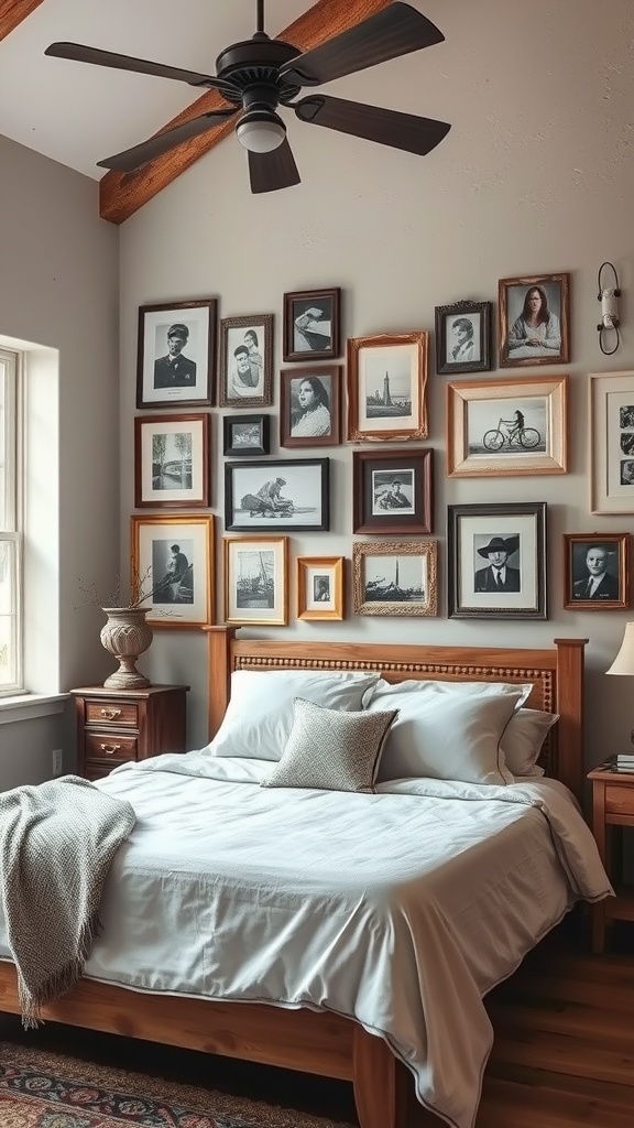A collection of vintage frames with black-and-white photos arranged on a bedroom wall.