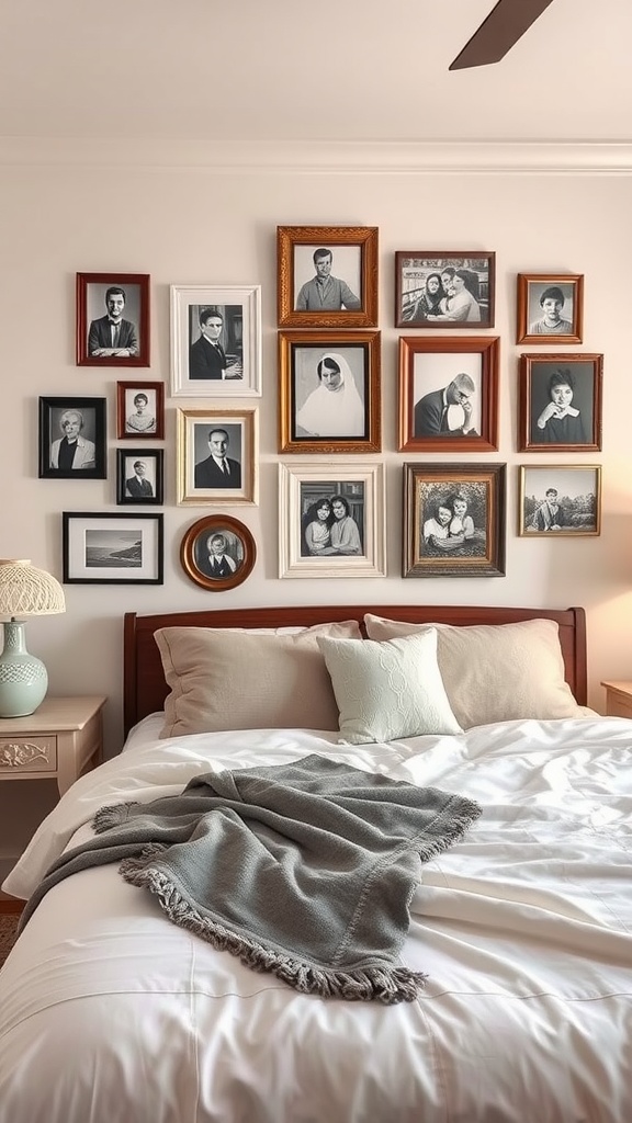 A bedroom with a picture wall featuring vintage frames and black-and-white photos above the bed.
