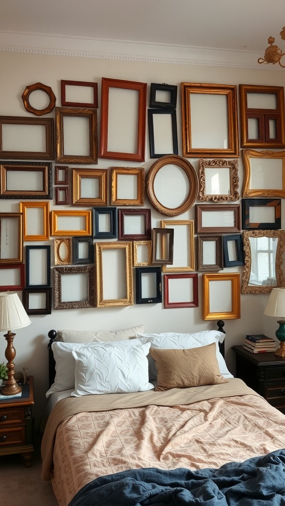 A wall decorated with a variety of vintage frames in different colors and sizes above a bed.