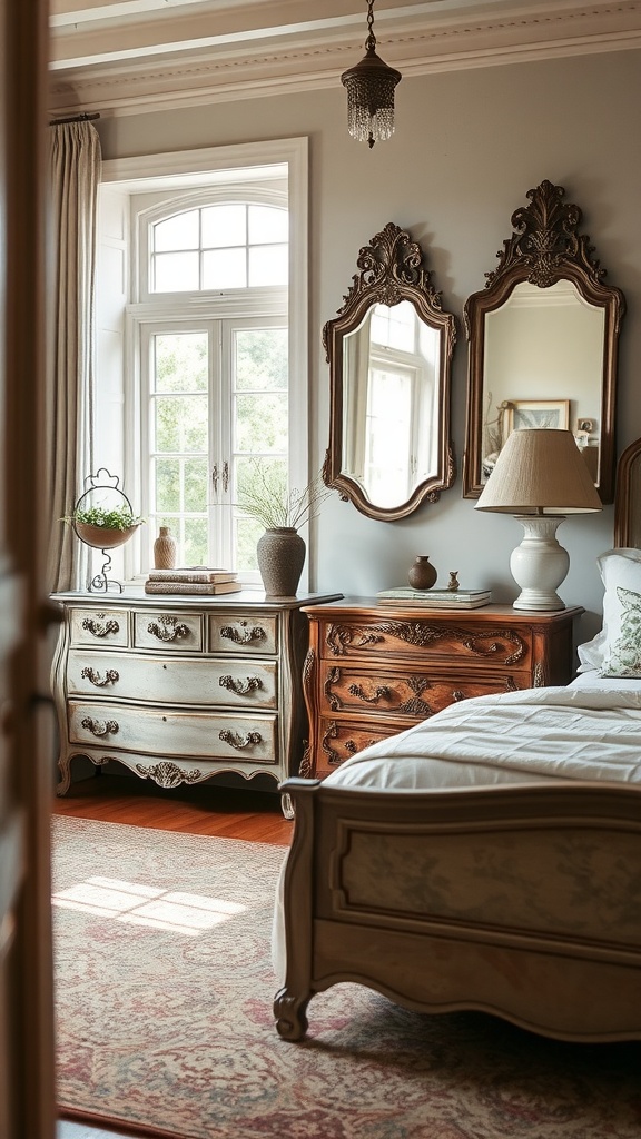 A vintage French bedroom featuring ornate mirrors, wooden dressers, and a cozy bed with soft textiles.