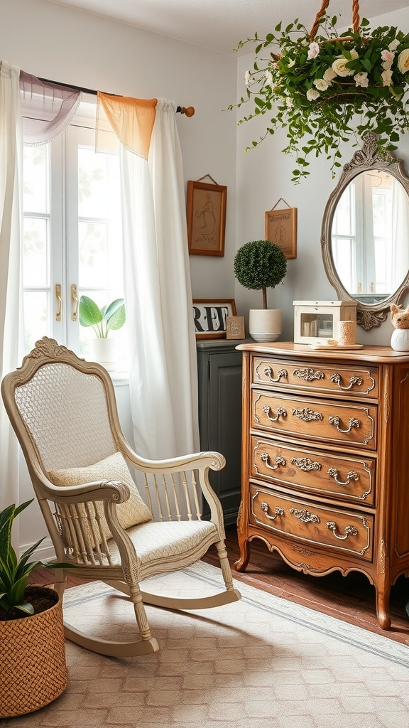A cozy nursery featuring vintage French furniture, including a rocking chair and a wooden dresser, complemented by plants and soft curtains.