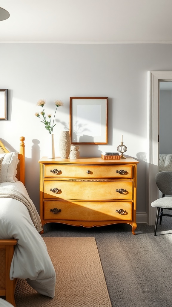 A bright bedroom featuring a vintage dresser with a simple decor style