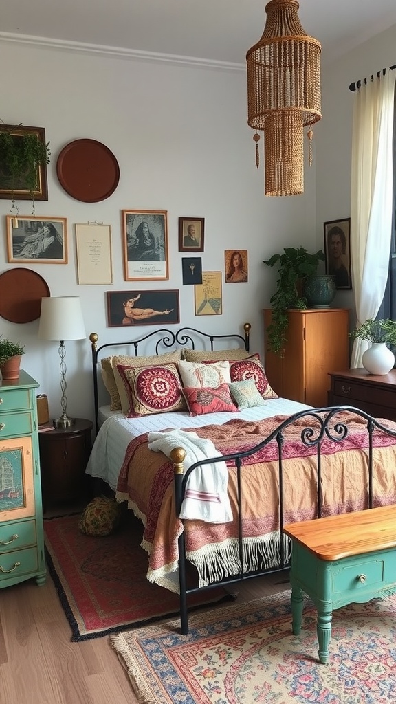 A cozy boho bedroom featuring vintage furniture accents, including an iron bed frame, colorful pillows, a green dresser, and framed artwork on the walls.