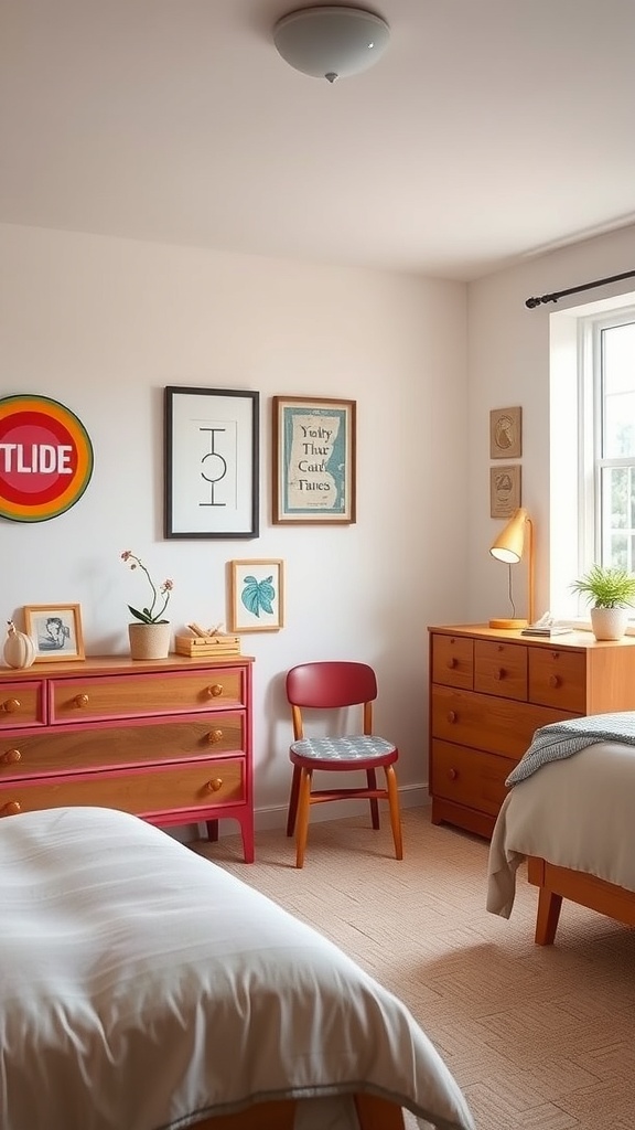 A cozy bedroom featuring vintage furniture, including a pink dresser, wooden chair, and framed artwork on the walls.