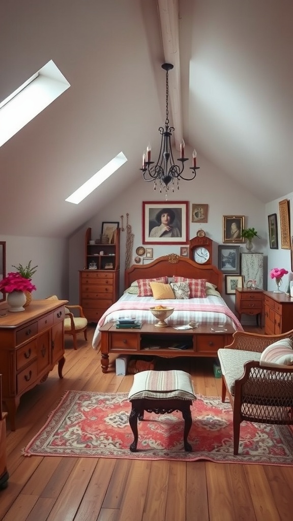 Cozy bedroom with sloped ceiling featuring vintage furniture and warm decor.