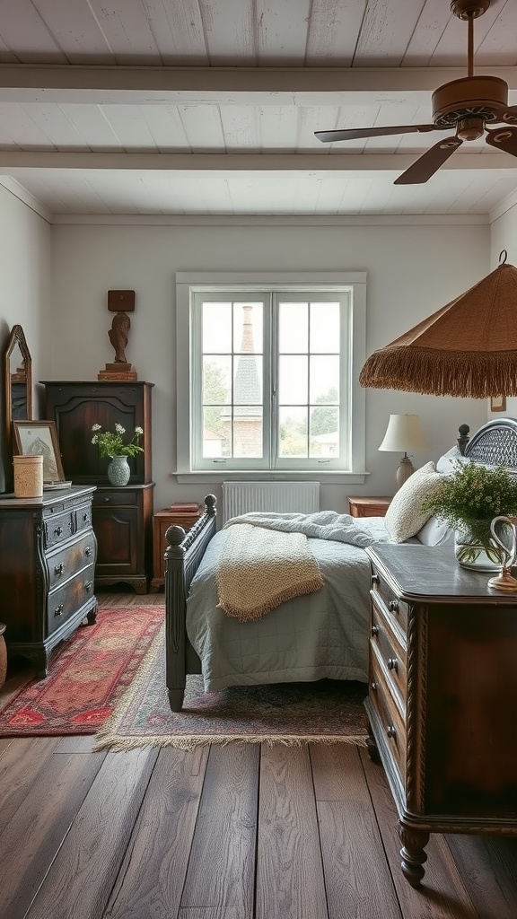A cozy farmhouse bedroom featuring vintage wooden furniture, soft bedding, and warm decor.