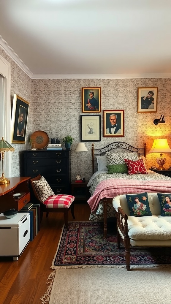 A cozy bedroom featuring vintage furniture, a gallery wall with framed portraits, and layered rugs, creating a warm atmosphere.