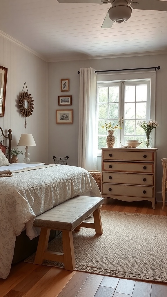 Cozy cottage bedroom with vintage furniture including a wooden bed, rustic bench, and charming dresser.