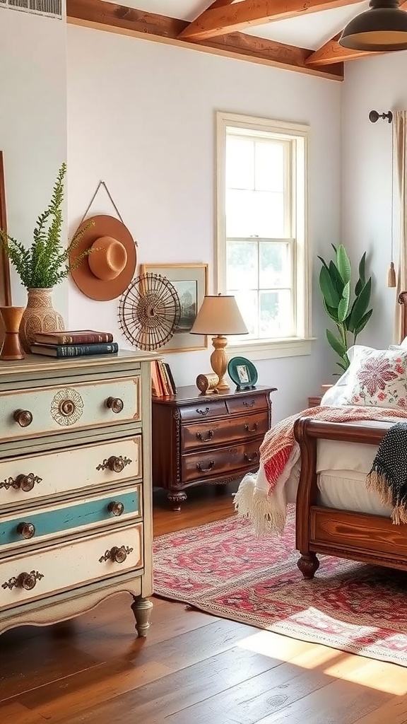 A boho bedroom featuring vintage furniture, including a distressed dresser and a classic wooden nightstand.